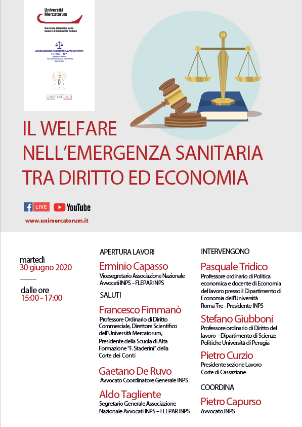 Save the date: 30 giugno ore 15 – webinar "Il welfare nella emergenza sanitaria tra diritto ed economia"
